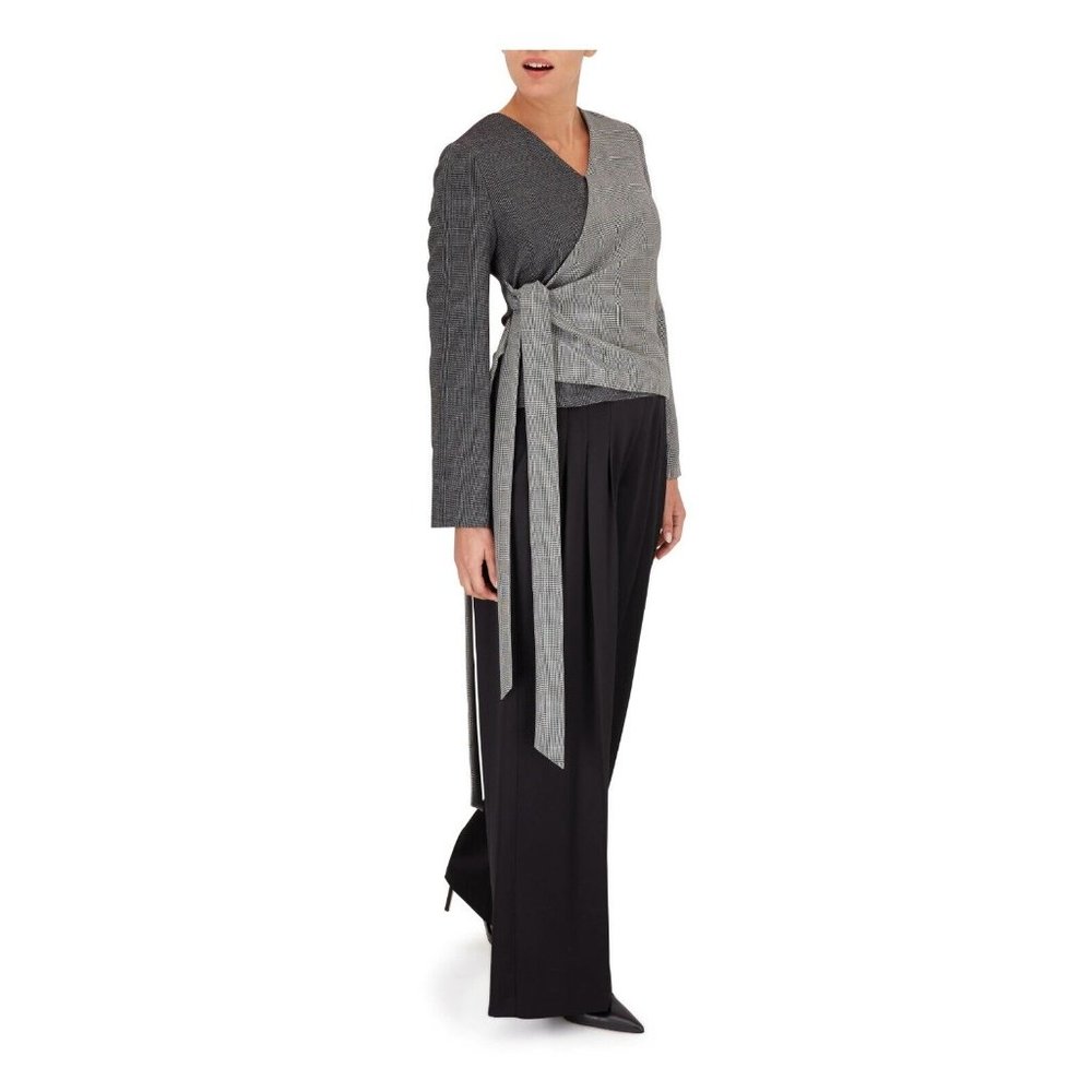 Partow Black & White Glen Plaid Stretch Wool Wrap Top, Size 4, NWT! $1,395